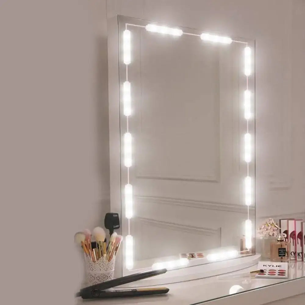 Contemporary white plastic linear rectangular vanity mirror with sleek frameless design and led vanity strip light edges