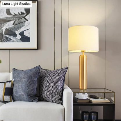 Contemporary White Nightstand Lamp: 1-Head Bedroom Table Light with Fabric Drum Shade