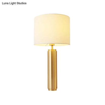 Contemporary White Nightstand Lamp: 1-Head Bedroom Table Light with Fabric Drum Shade