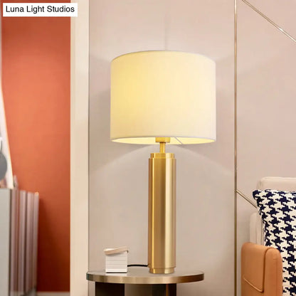 Contemporary White Nightstand Lamp: 1-Head Bedroom Table Light with Fabric Drum Shade