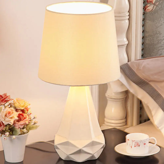 Contemporary White Nightstand Lamp with Diamond Ceramic Base