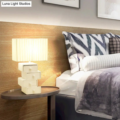 مصباح طاولة جانبي أبيض معاصر مع درج - مصباح طاولة مستطيل من القماش