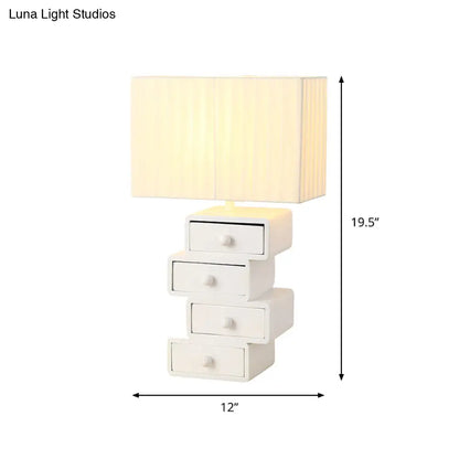 مصباح طاولة جانبي أبيض معاصر مع درج - مصباح طاولة مستطيل من القماش