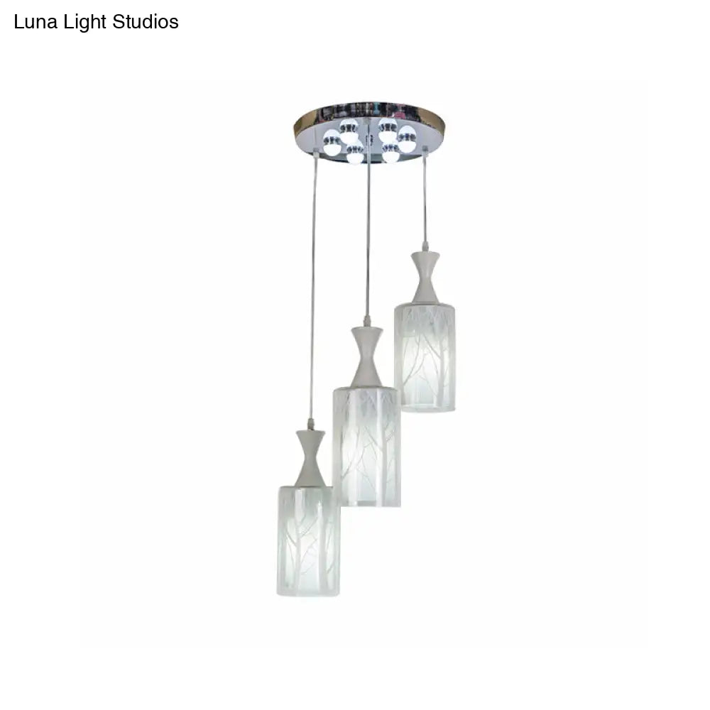 Contemporary White Pendant Lamp with Patterned Glass Shade - 3-Head Multifunctional Ceiling Light for Dining Room