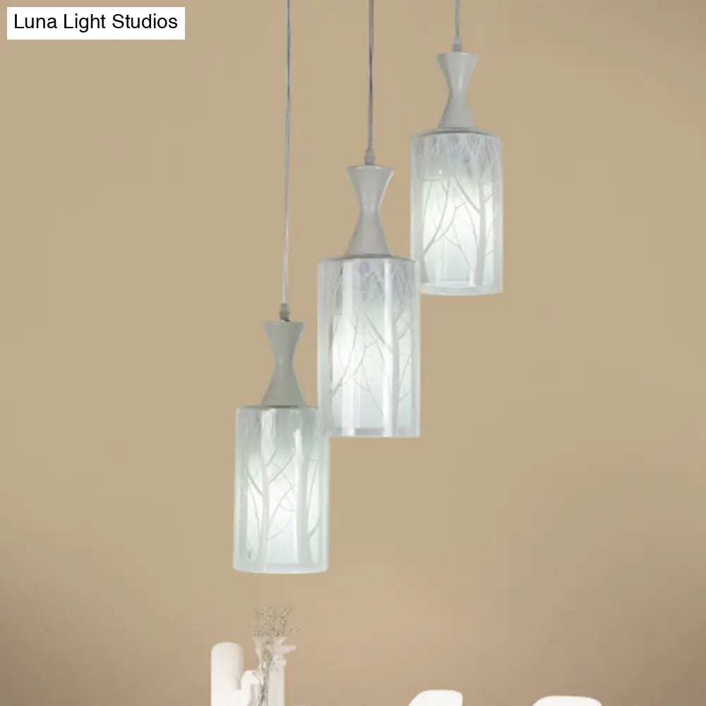 Contemporary White Pendant Lamp with Patterned Glass Shade - 3-Head Multifunctional Ceiling Light for Dining Room