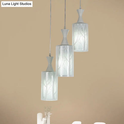 Contemporary White Pendant Lamp with Patterned Glass Shade - 3-Head Multifunctional Ceiling Light for Dining Room