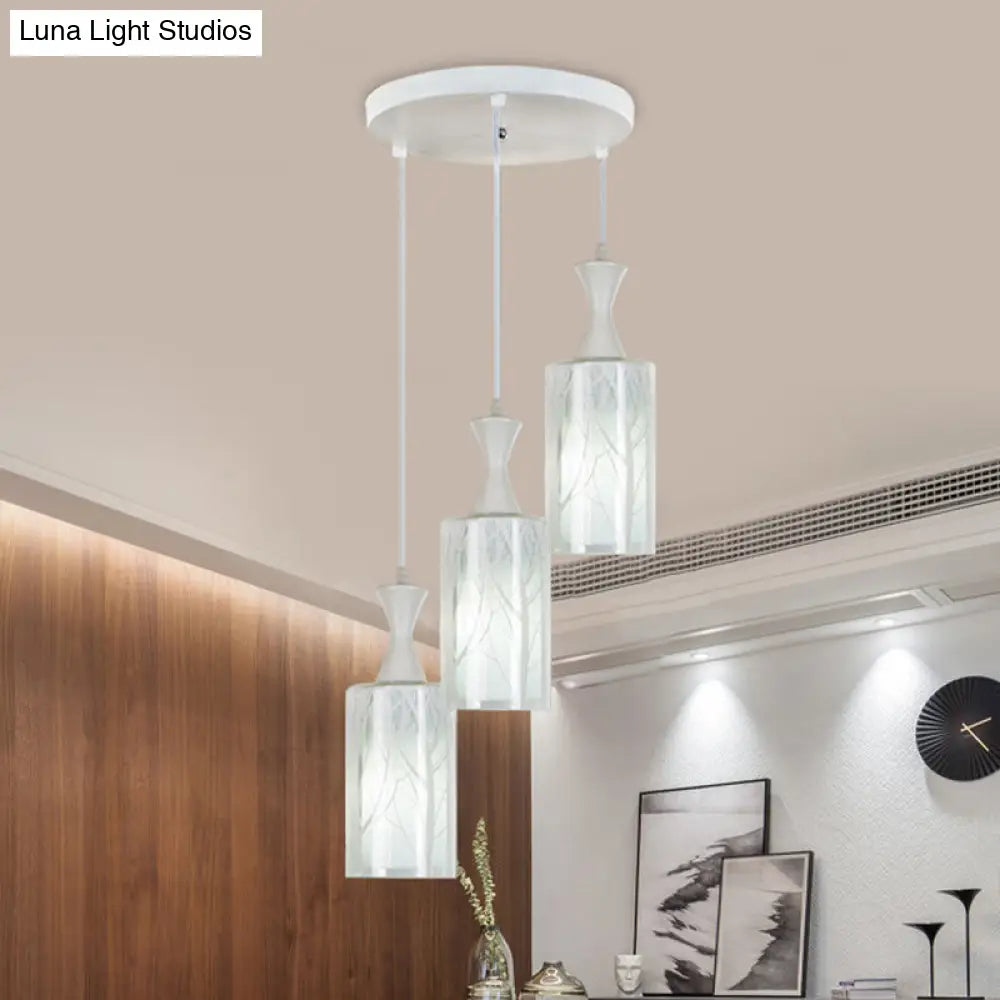 Contemporary White Pendant Lamp with Patterned Glass Shade - 3-Head Multifunctional Ceiling Light for Dining Room