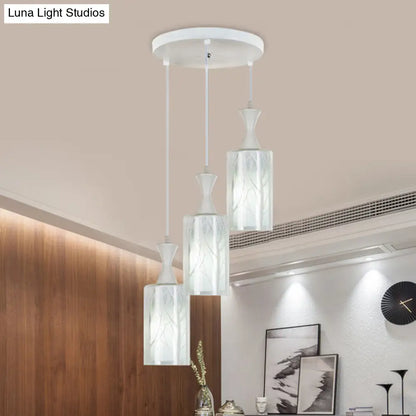 Contemporary White Pendant Lamp with Patterned Glass Shade - 3-Head Multifunctional Ceiling Light for Dining Room