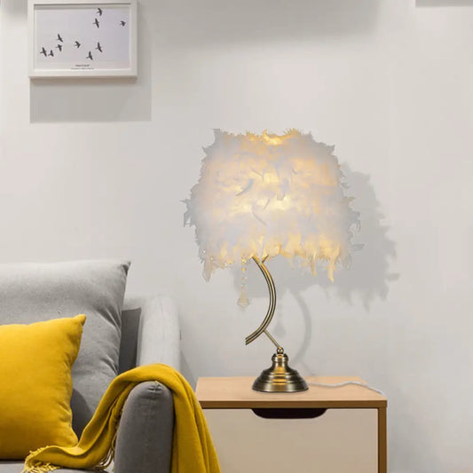 Contemporary White/Pink Tapered Table Lamp with Feather Shade and Crystal Drop