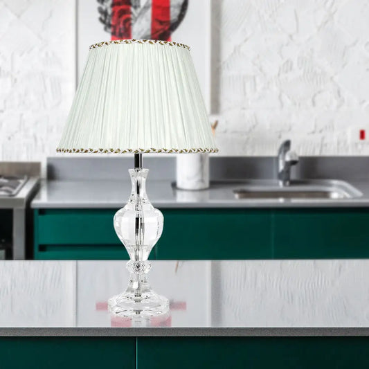 Contemporary White Pleated Shade Table Lamp with Beveled Crystal Prism Nightstand Light