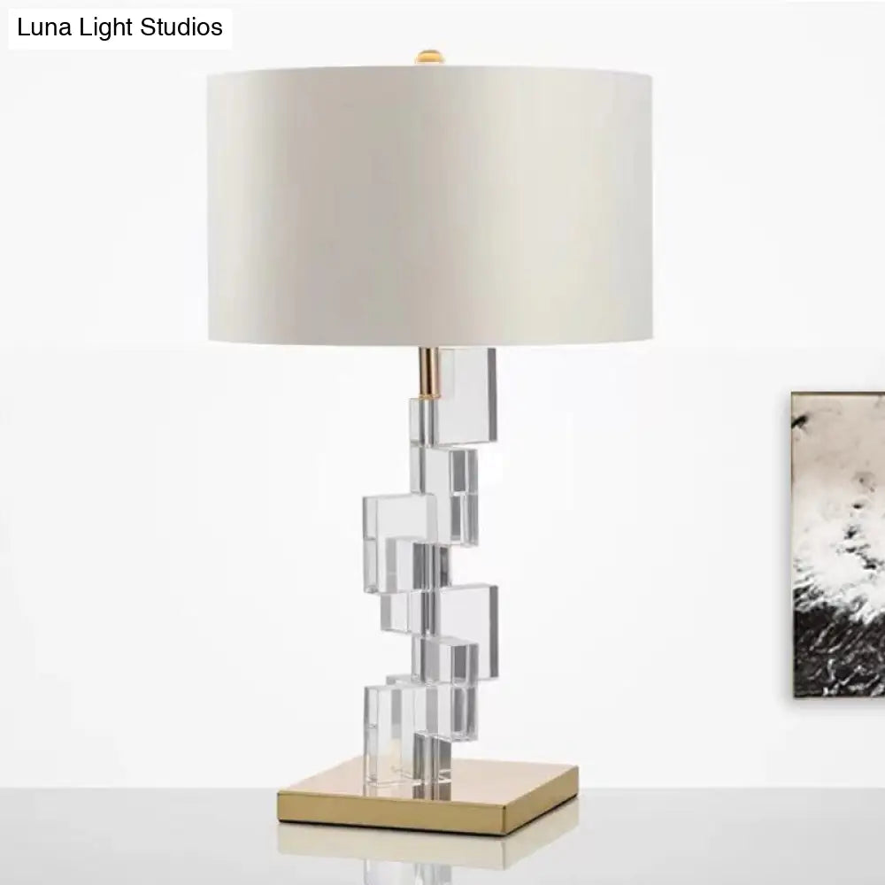 Contemporary White Table Lamp: Straight Sided Shade, Fabric, 1 Head Desk Light