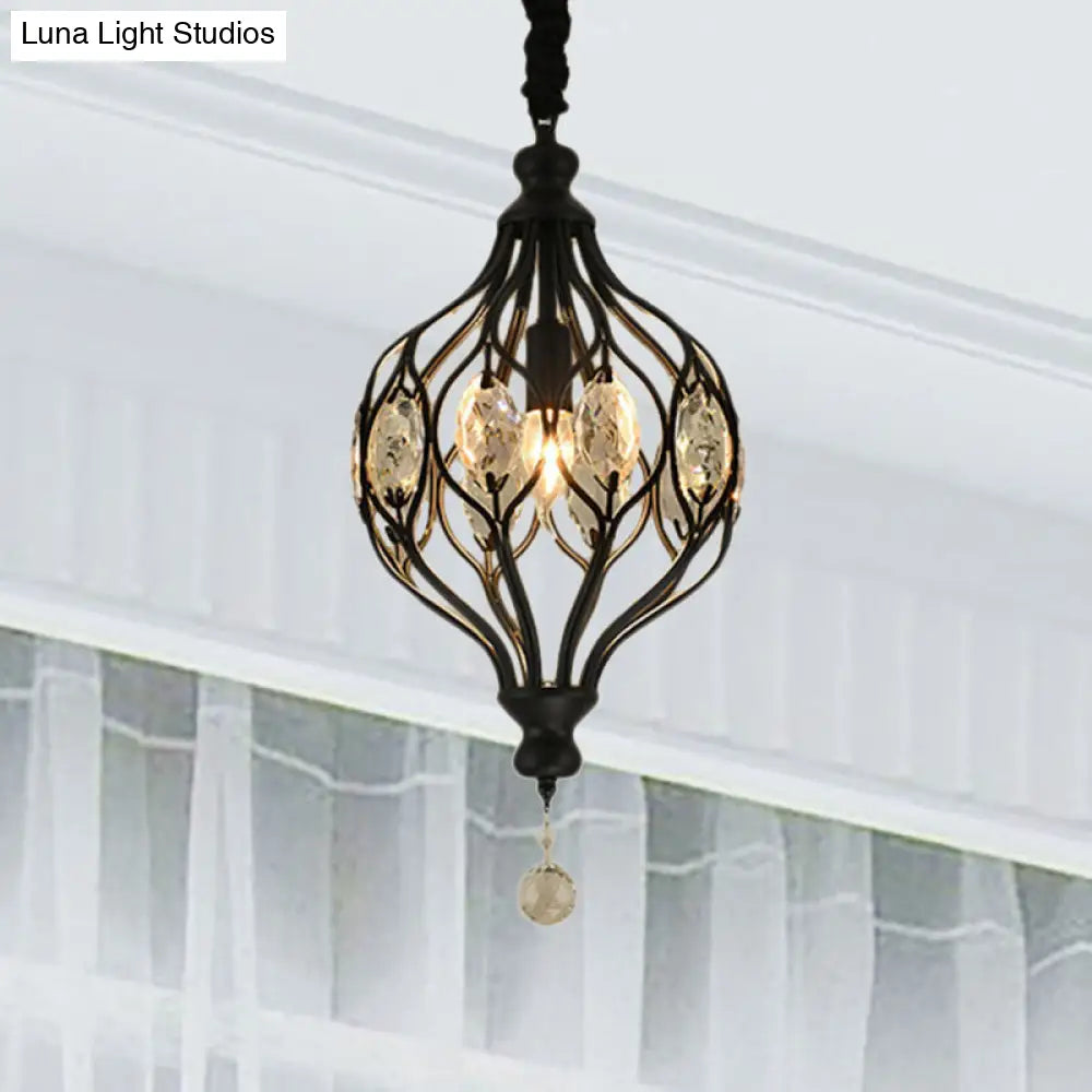 Contemporary Wire Cage Pendant Light with Crystal Accent and Black/Brass Finish