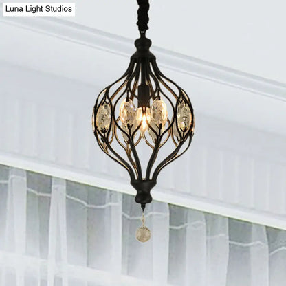 Contemporary Wire Cage Pendant Light with Crystal Accent and Black/Brass Finish