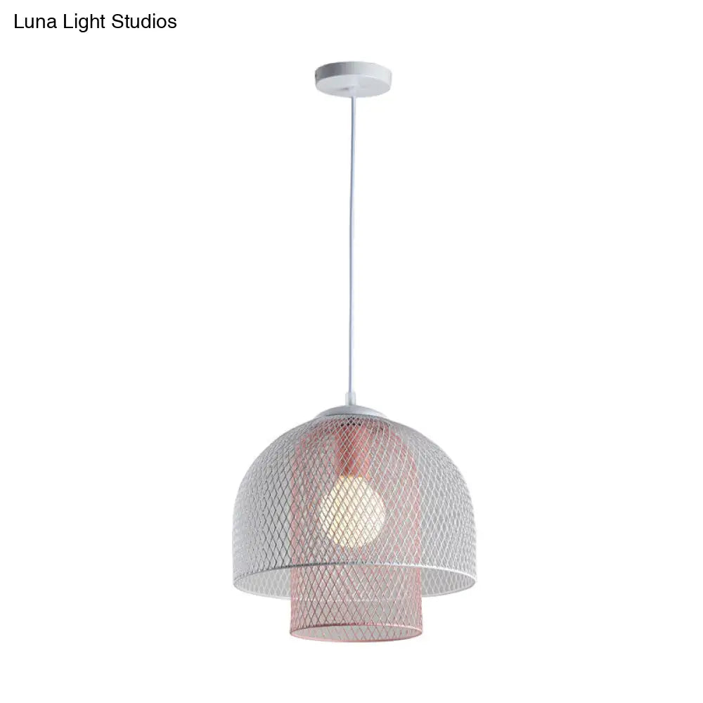 Contemporary Wire Mesh Pendant Lamp - Metallic 1 Light in White with Pink/Blue Hanging Design