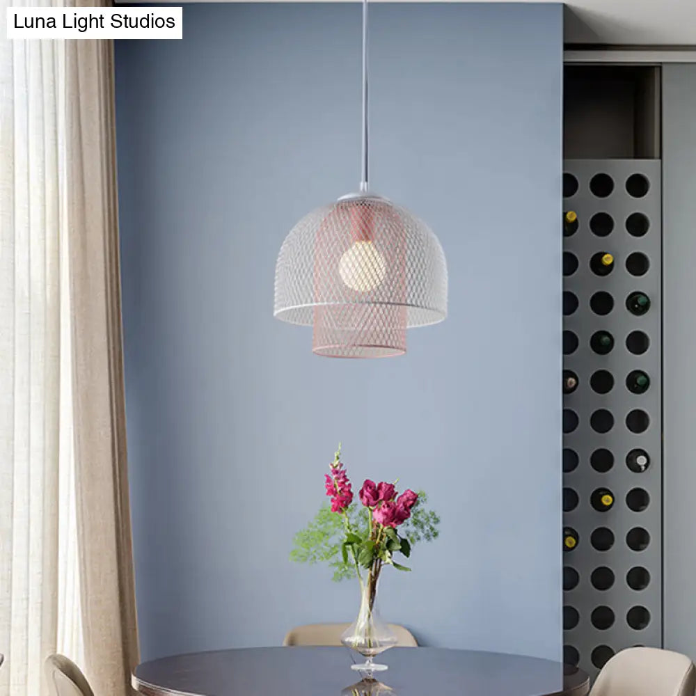 Contemporary Wire Mesh Pendant Lamp - Metallic 1 Light in White with Pink/Blue Hanging Design