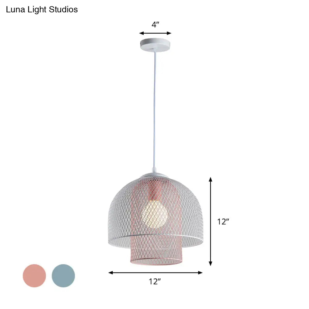 Contemporary Wire Mesh Pendant Lamp - Metallic 1 Light in White with Pink/Blue Hanging Design