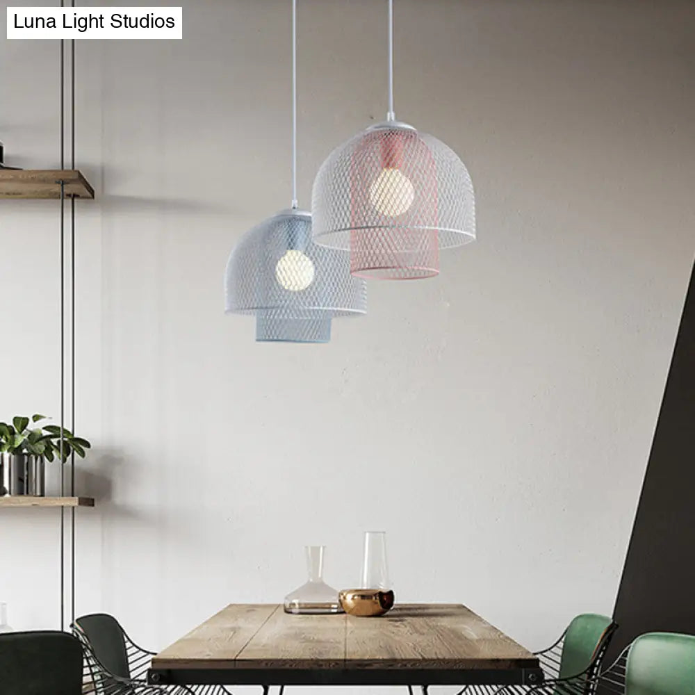 Contemporary Wire Mesh Pendant Lamp - Metallic 1 Light in White with Pink/Blue Hanging Design