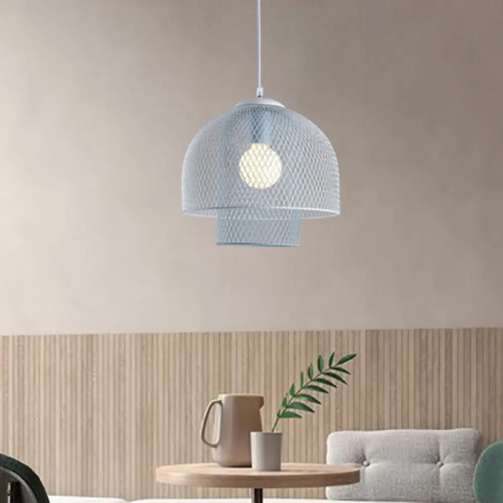 Contemporary Wire Mesh Pendant Lamp - Metallic 1 Light in White with Pink/Blue Hanging Design