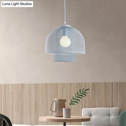 Contemporary Wire Mesh Pendant Lamp - Metallic 1 Light in White with Pink/Blue Hanging Design