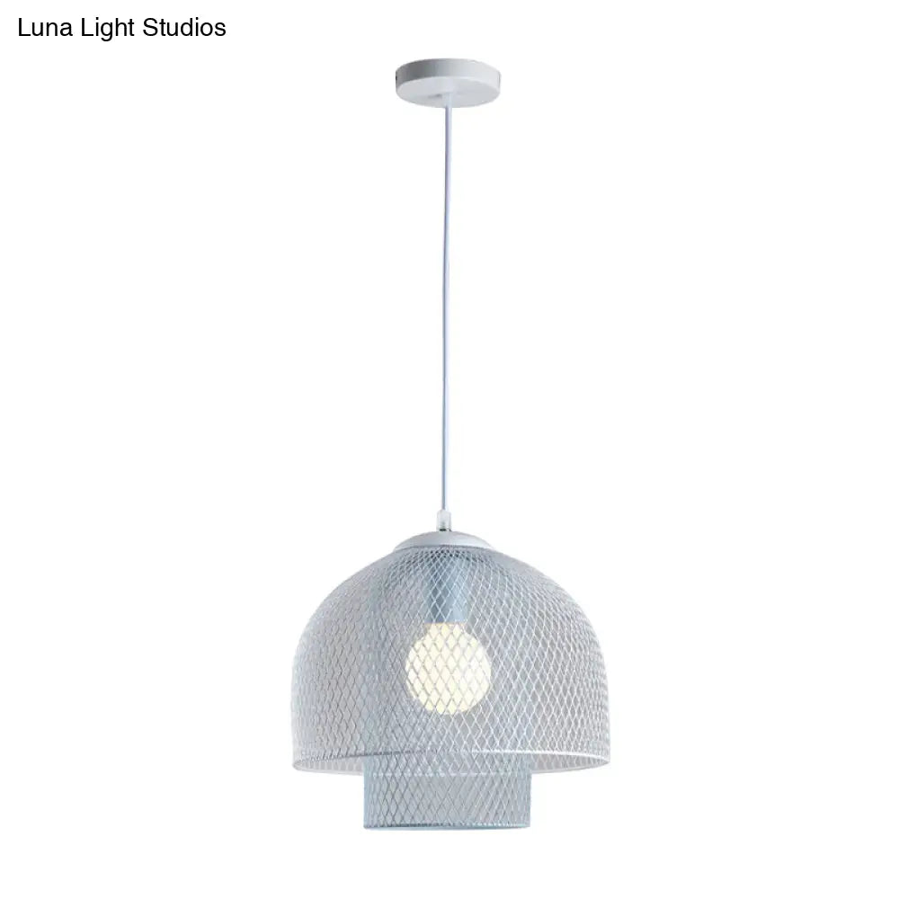 Contemporary Wire Mesh Pendant Lamp - Metallic 1 Light in White with Pink/Blue Hanging Design