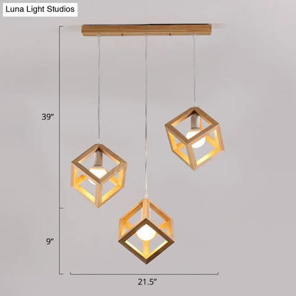 Contemporary Wood Cube Pendant Light - 3-Head Suspension for Dining Room