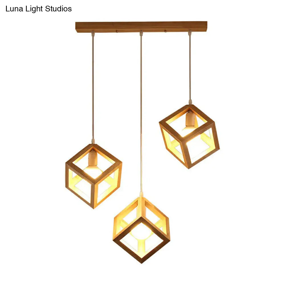 Contemporary Wood Cube Pendant Light - 3-Head Suspension for Dining Room