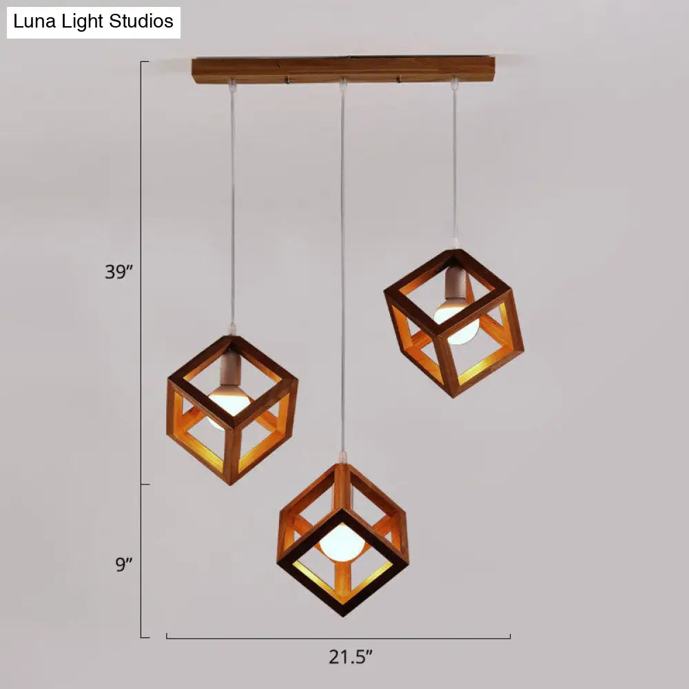 Contemporary Wood Cube Pendant Light - 3-Head Suspension for Dining Room