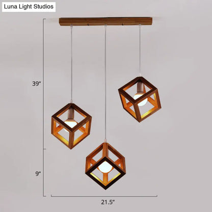 Contemporary Wood Cube Pendant Light - 3-Head Suspension for Dining Room