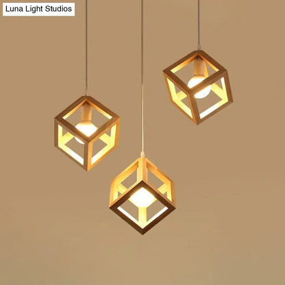 Contemporary Wood Cube Pendant Light - 3-Head Suspension for Dining Room