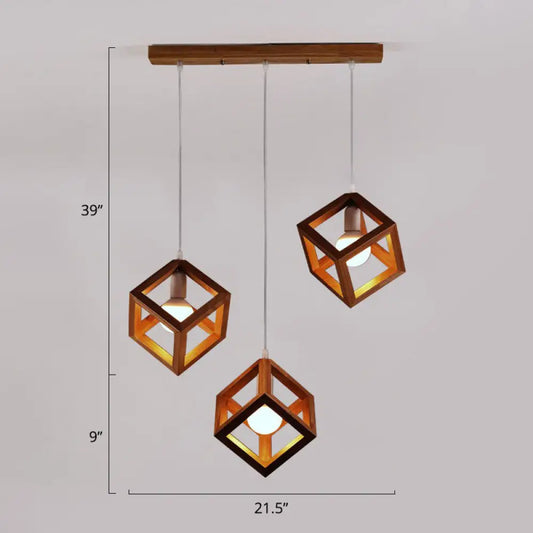 Contemporary Wood Cube Pendant Light - 3-Head Suspension for Dining Room