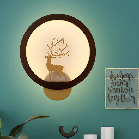 Contemporary Wood Halo Ring LED Wall Sconce – Black/Beige with Sika Deer Silhouette