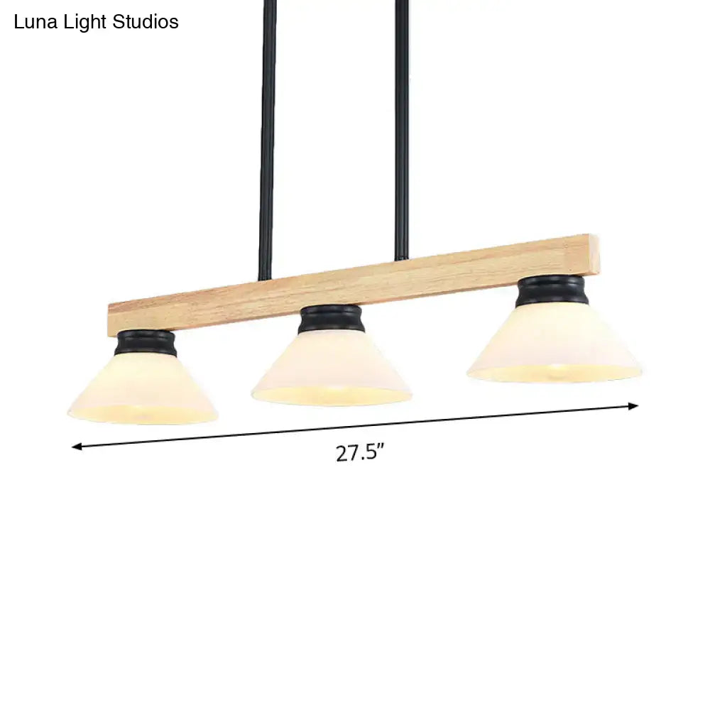 Contemporary wood linear island ceiling light with gold black metal hardware and frosted glass shades for dining room