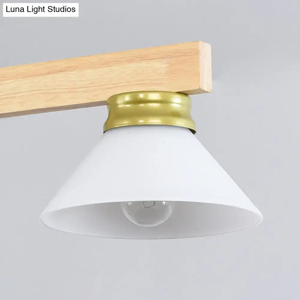 Contemporary white frosted glass ceiling light with brass collar mounted on wood beam for gold black linear island ceiling