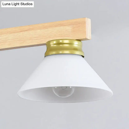 Contemporary white frosted glass ceiling light with brass collar mounted on wood beam for gold black linear island ceiling