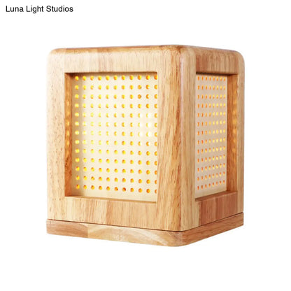 Contemporary Wood Square Shade Nightstand Lamp with 1 Bulb in Beige - Reading Book Light