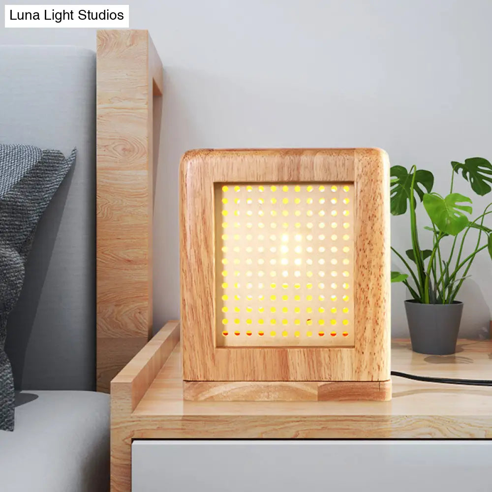 Contemporary Wood Square Shade Nightstand Lamp with 1 Bulb in Beige - Reading Book Light
