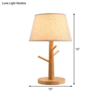 Contemporary Wood Tapered Drum Nightstand Lamp with Reading Light - Fabric Shade