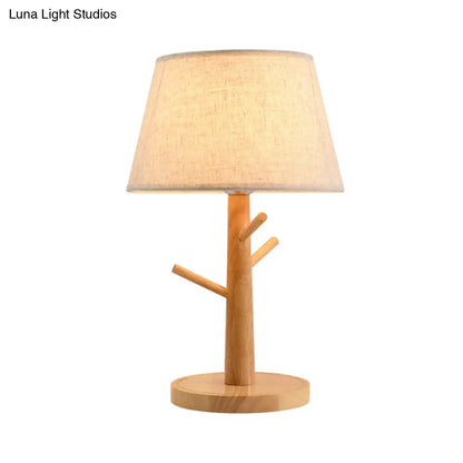 Contemporary Wood Tapered Drum Nightstand Lamp with Reading Light - Fabric Shade