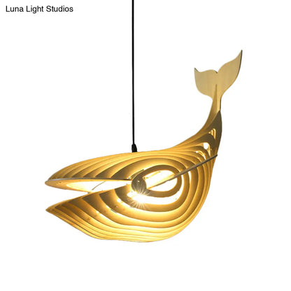 Contemporary Wood Whale Suspension Pendant: 1-Bulb Beige Hanging Light Kit for Stairway