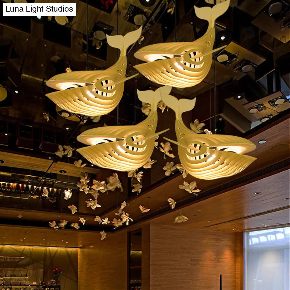 Contemporary Wood Whale Suspension Pendant: 1-Bulb Beige Hanging Light Kit for Stairway