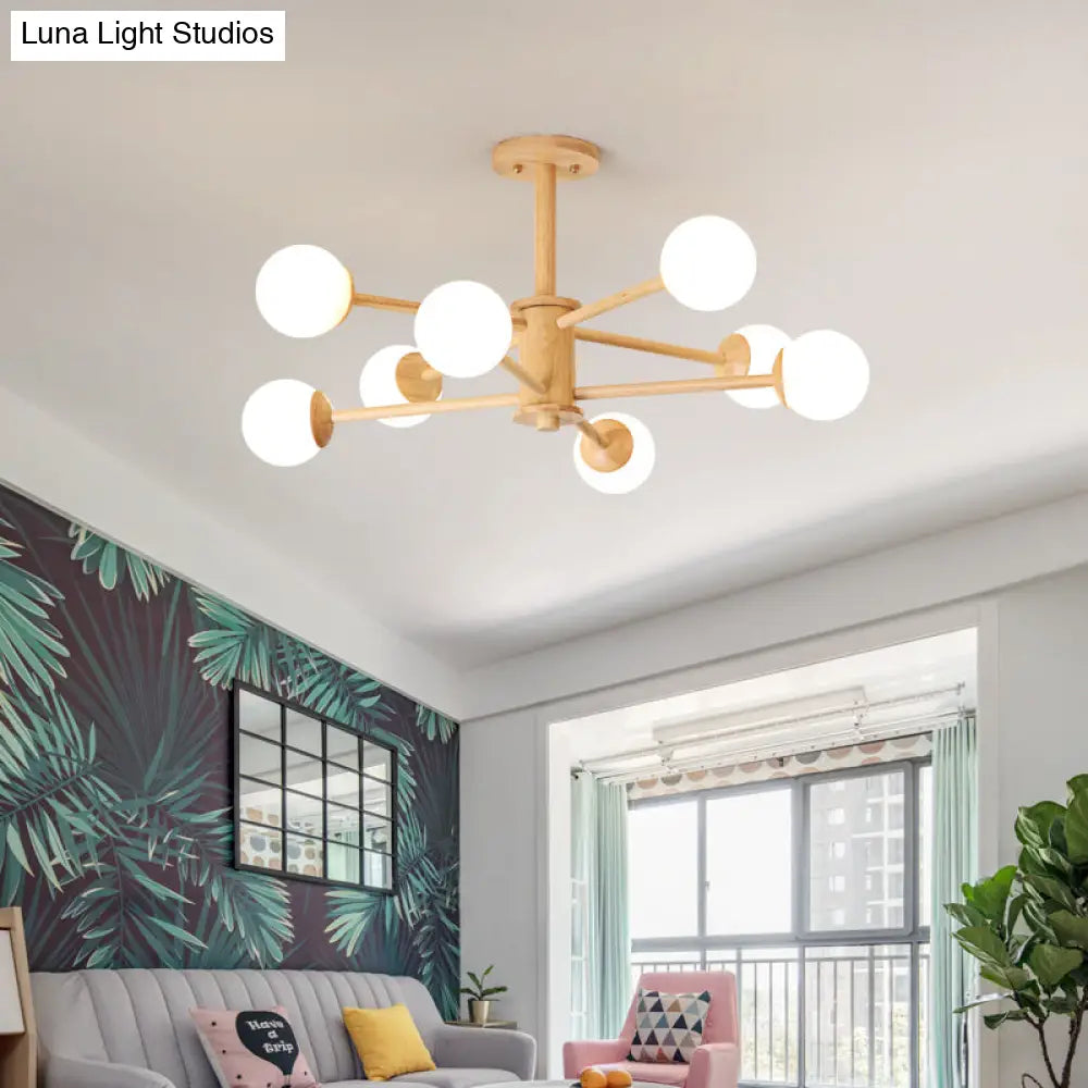 Lámpara de araña contemporánea de madera con forma de estrella y pantalla de bola de cristal - Acabado en madera natural - 6/8/12 luces