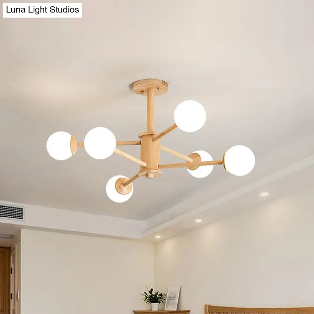 Lámpara de araña contemporánea de madera con forma de estrella y pantalla de bola de cristal - Acabado en madera natural - 6/8/12 luces