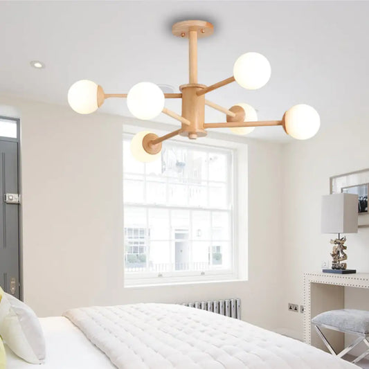 Lámpara de araña contemporánea de madera con forma de estrella y pantalla de bola de cristal - Acabado en madera natural - 6/8/12 luces