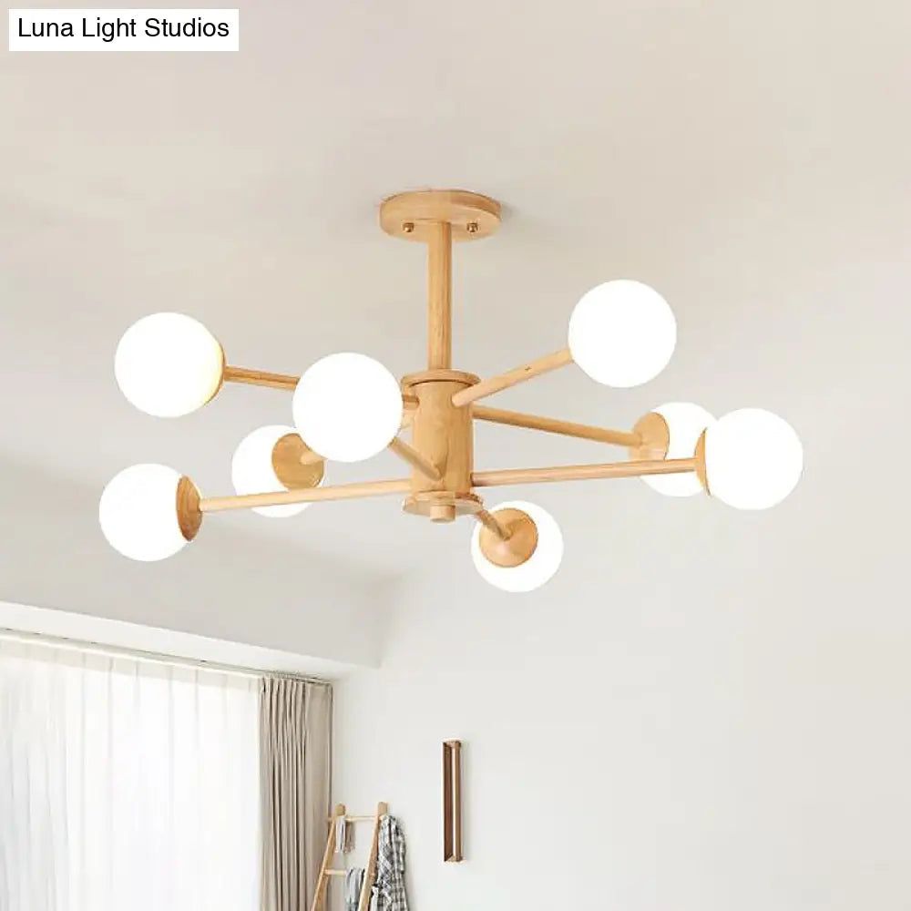 Lámpara de araña contemporánea de madera con forma de estrella y pantalla de bola de cristal - Acabado en madera natural - 6/8/12 luces