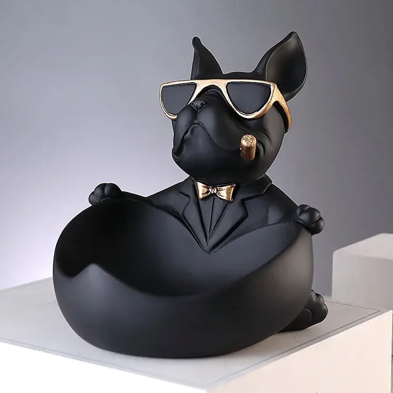 Black resin bulldog storage box figurine dressed in black suit with gold sunglasses and cigar for living room decor