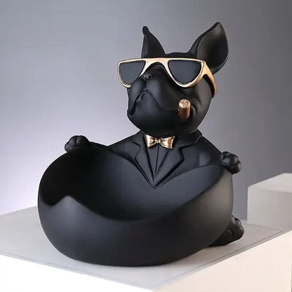 Black resin bulldog storage box figurine in a sleek black suit with gold-rimmed sunglasses for living room decor