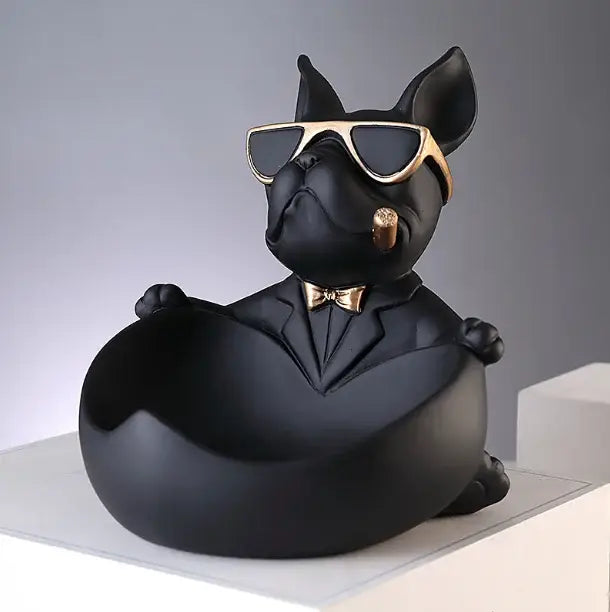 Black resin bulldog storage box figurine in a sleek black suit with gold-rimmed sunglasses for living room decor