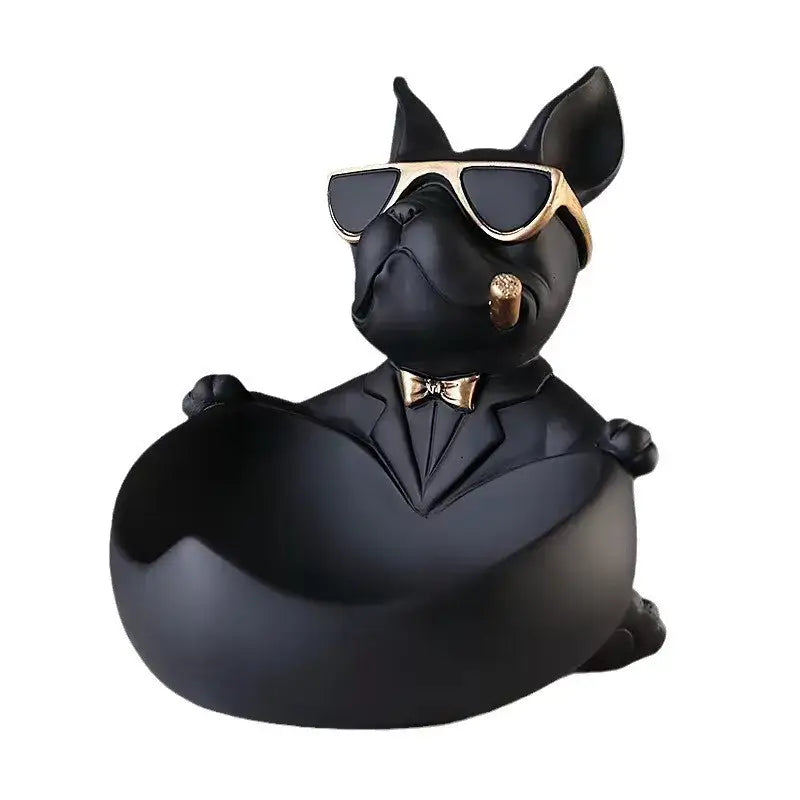 Black resin bulldog storage box figurine featuring a cool bulldog in a suit with gold sunglasses and bow tie for living room decor
