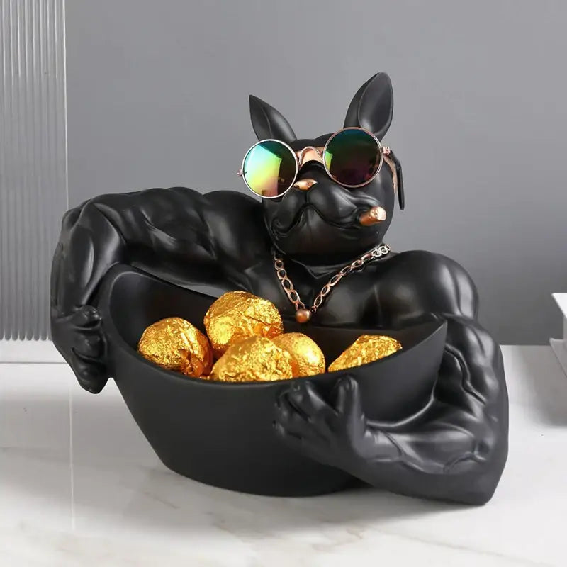 Cool black resin bulldog storage box figurine with muscular arms sunglasses and gold chain holding chocolates bowl