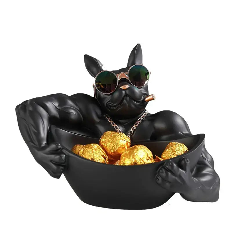 Cool black resin bulldog storage box figurine with sunglasses and chain holding gold-wrapped chocolates for decor